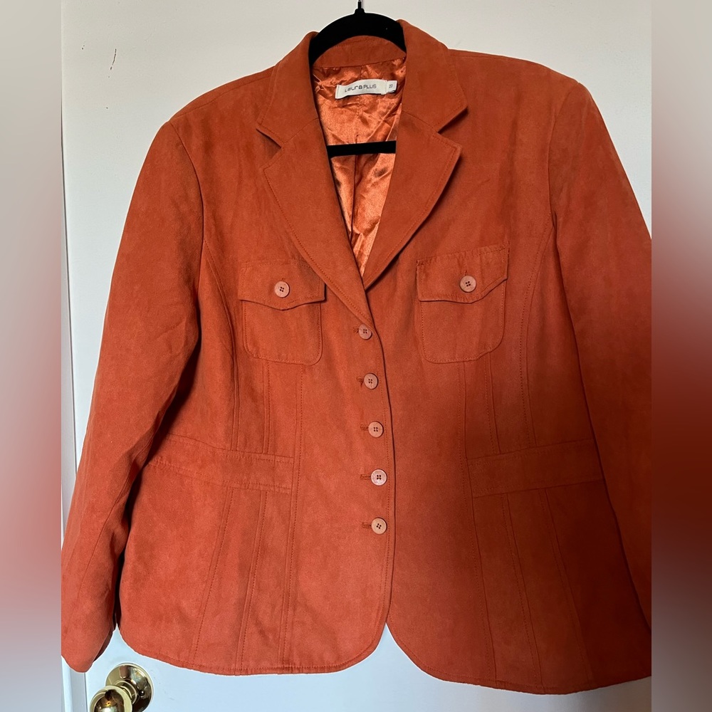 Orange faux suede blazer.